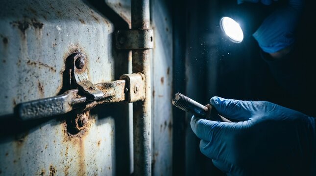Broken security seal on shipping container door: cargo theft, tampering and supply chain security risk concept