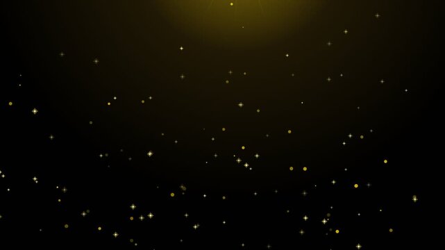 Golden glitter particles and star-shaped shards falling from a soft top light source on black background for cinematic awards and celebratory overlays.