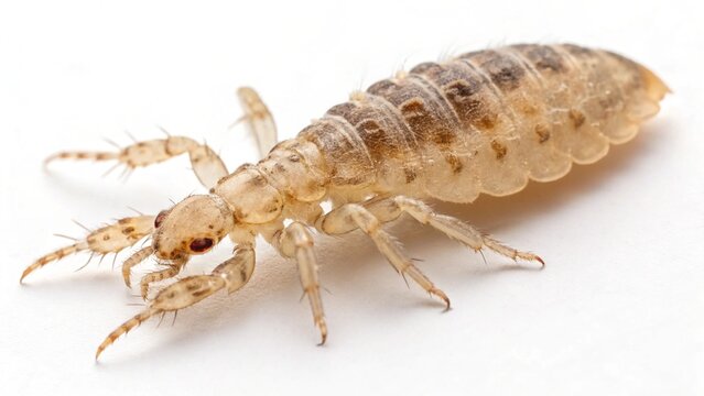 Head louse insect macro view isolated on a clean white background.