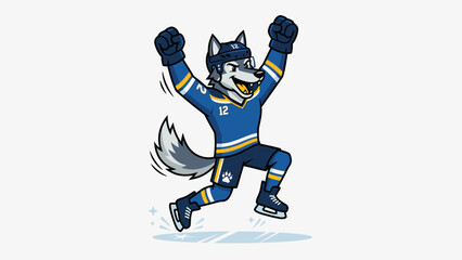 Fototapeta premium Cartoon wolf mascot in blue hockey uniform skating with arms raised in celebration on ice