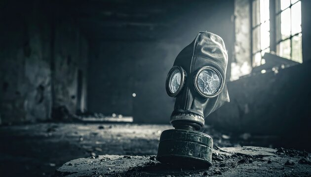 A cracked vintage gas mask filter rests abandoned in a derelict setting, symbolizing past protection now irrelevant.