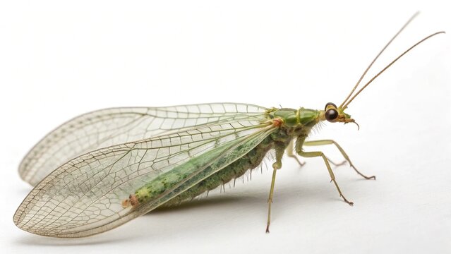 Close-up of a delicate green lacewing insect isolated on a pure white background.