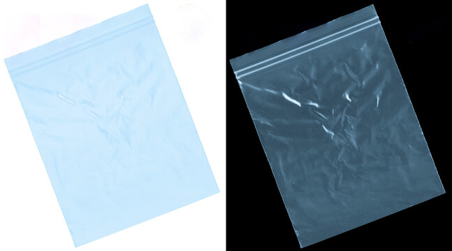 Transparent plastic ziplock bag mockup, empty polyethylene storage pouch on white and black background, wrinkled texture sealable bag