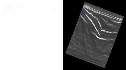 Transparent plastic zipper bag with wrinkles, clear polyethylene polybag texture on black background, empty zip lock pouch for packaging © Nurshita