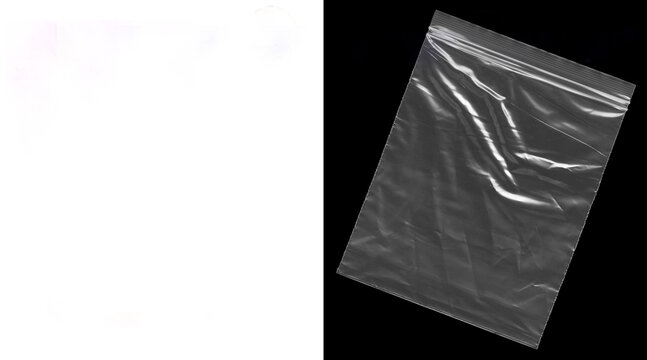 Transparent plastic zipper bag with wrinkles, clear polyethylene polybag texture on black background, empty zip lock pouch for packaging