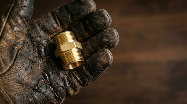 Plumbing fitting, brass pipe nipple held in worn leather work glove against dark wooden background, concept for construction, repair, or DIY projects.