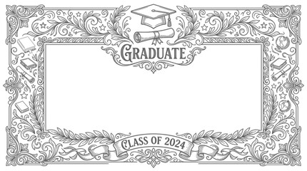Ornate Graduation Frame Border - Class of 2024, Graduate Cap and Scroll - Vector Illustration © Safira