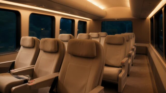 The interior of a modern train car showcases rows of comfortable, upholstered seats illuminated by a warm overhead light, viewed through large windows.