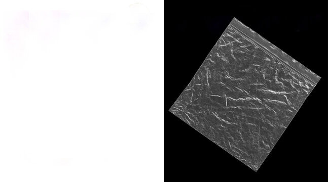 Crumpled plastic texture overlay, wrinkled transparent poly bag on black background, clear polyethylene film with creases and highlights