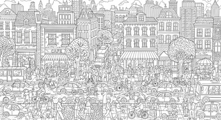 Obraz premium Detailed Cityscape Illustration with Buildings and Busy Street Life.