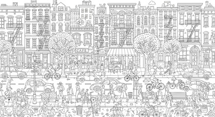 Fototapeta premium Detailed Line Drawing of a Bustling City Street Scene.
