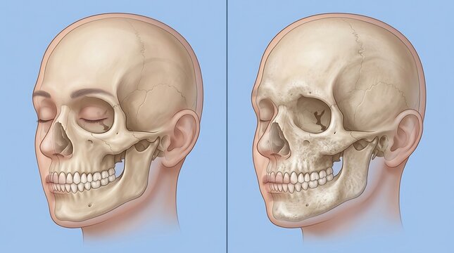 Medical illustration comparing a healthy human skull with a skull affected by fibrous dysplasia showing abnormal bone growth