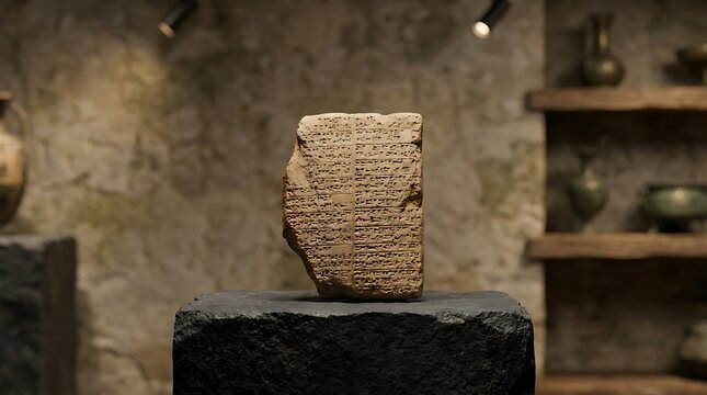 Ancient clay tablet fragment stacked on dark stone pedestal in museum display with warm lighting