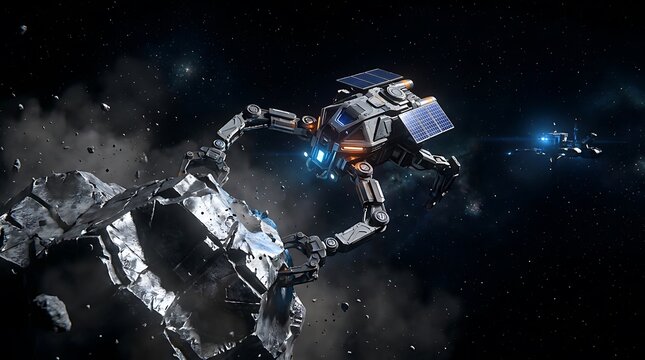 Autonomous robotic probe mining asteroid in deep space with futuristic technology and cosmic dust