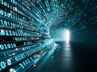 Fototapeta premium Digital data flows through a tunnel of binary numbers leading towards a bright light at the end