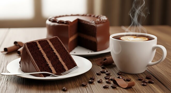 Rich Chocolate Cake Slice and Steaming Coffee Cup Arranged on Rustic Wooden Table
