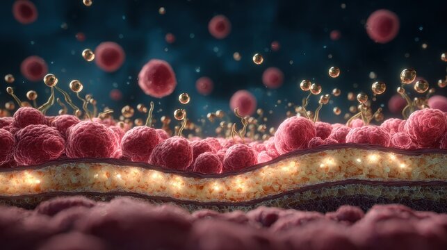 Microscopic view depicts cellular structures interacting with glowing nanoparticles in a biological medium