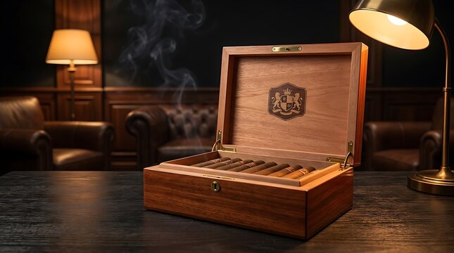 Open wooden cigar box with golden glow in dimly lit vintage study ambiance
