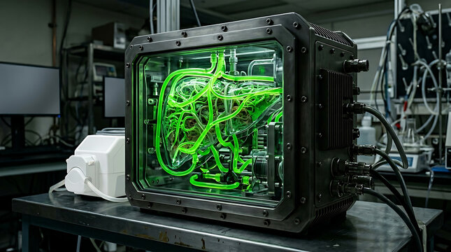 Futuristic Liquid Cooling System Glowing Green within a Custom Built Industrial Computer