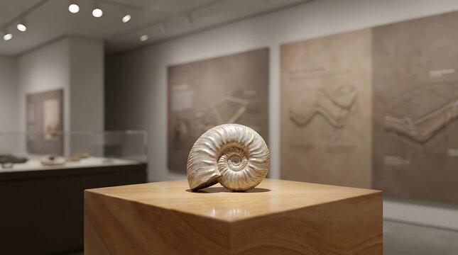 Fossilized ammonite shell displayed on pedestal in museum exhibit with natural lighting