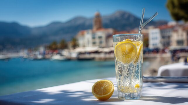 a full shot of a glass of lemonade with a straw and lemon slice sitting on a white tablecloth, with a blurred background of a building with a towe