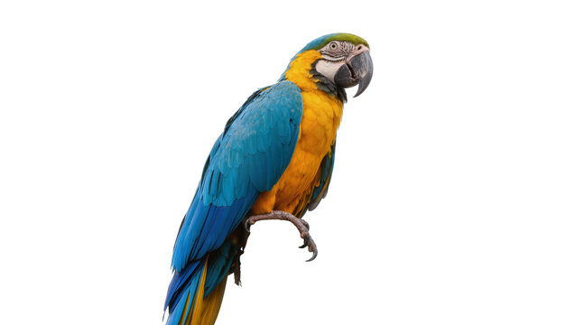 Blue and yellow macaw parrot perched on a branch