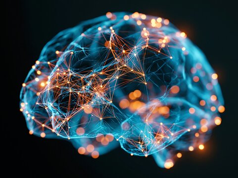 Creation of a digital brain model showing connections and networks of neurons with glowing particles at night