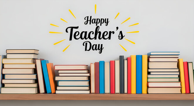 Happy Teachers Day lettering with stacked books on a wooden shelf