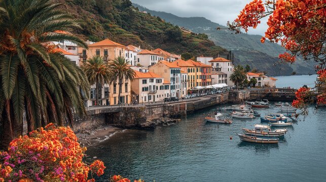 a picturesque coastal town nestled against a lush green mountain, featuring multi story buildings with terracotta roofs and colorful facades, many boats are docked in the calm blue 