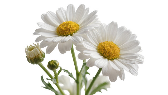 Two white daisies with yellow centers and green buds on stems
