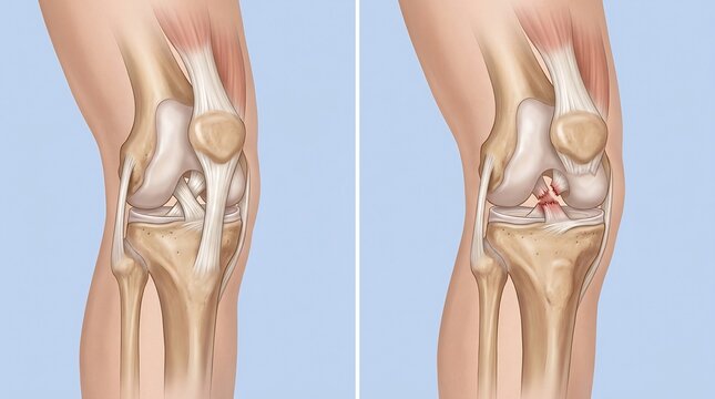 Anatomical comparison of a healthy human knee joint and a ruptured cruciate ligament tear