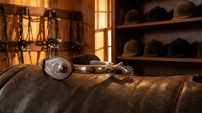 Close-up of vintage riding spur resting on dark leather saddle in rustic stable setting
