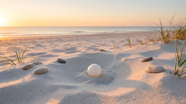 Sea turtle egg hatching on pristine sandy beach at golden sunset with ocean waves