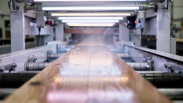 Medium shot of a wood flooring piece moving through a UV curing tunnel capturing the quick drying process of highsolids coatings under intense ultraviolet light