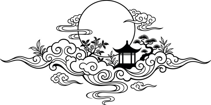 Traditional asian landscape with pagoda, pine tree, and clouds, line art style