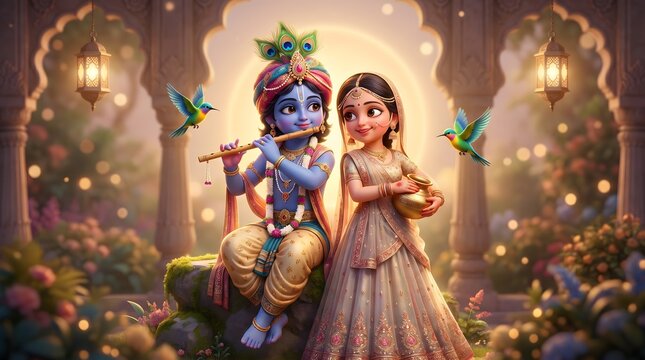Radha and Krishna illustration celebrating love and harmony in a serene garden