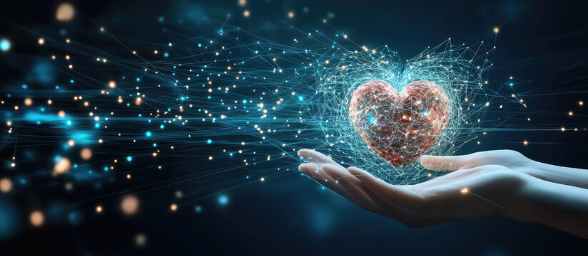A glowing human heart is cradled in hands with sparkling particles around it.
