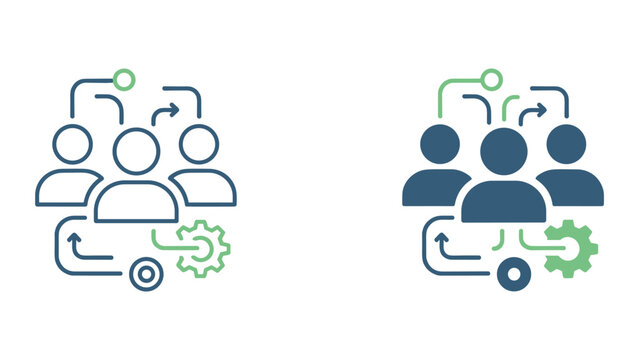 Team project management and technical process development icon featuring people working with gears and circular arrows representing mechanical efficiency and collaborative problem solving