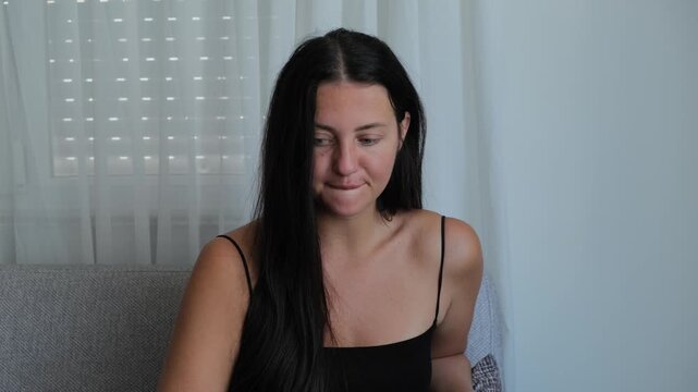 Emotional tension and anxiety concept with woman biting lips in close up, self control struggle and psychological stress behavior