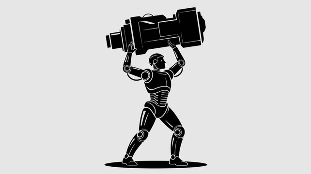 Robot holding camera, metallic humanoid figure, black and white illustration, futuristic technology icon
