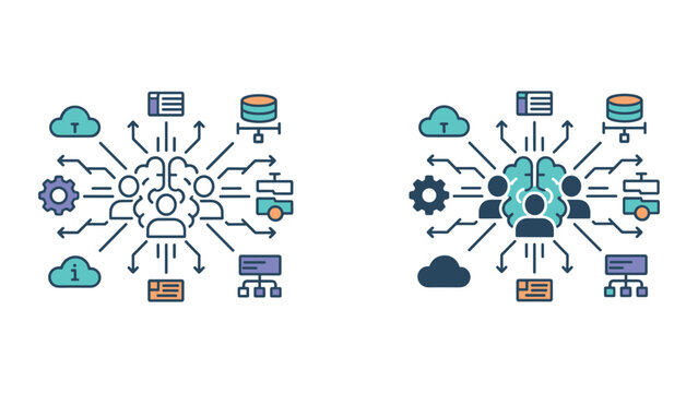 Data architecture and team information management vector icon showing central intelligence node connected to cloud storage and analytics for digital infrastructure and IT project planning visuals