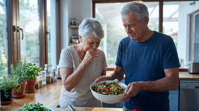 Lament 嘆く 007 Sad Senior Couple Looking at a Bowl of Salad in the Kitchen（キッチンでサラダのボウルを見つめる悲しそうなシニアのカップル）