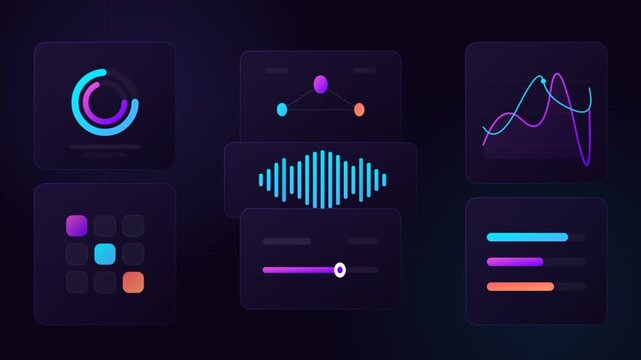 Dynamic dark digital dashboard with animated data visualization charts