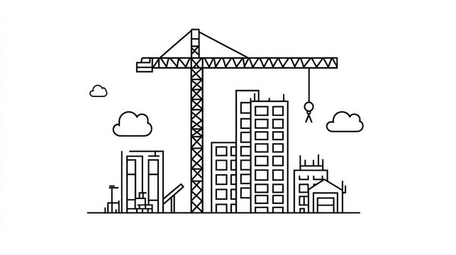Simplified city skyline illustration with buildings, crane, and clouds in black and white