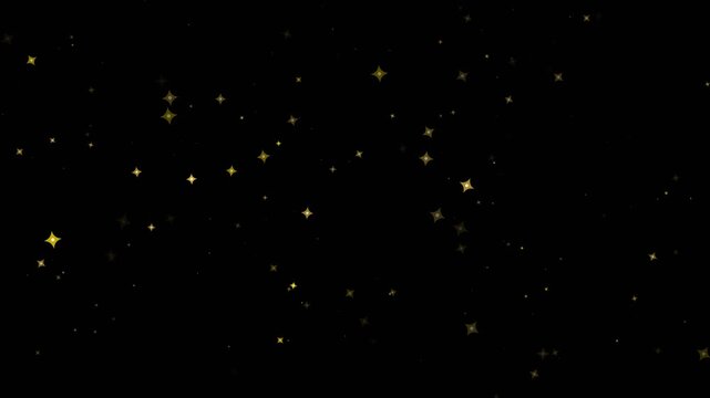 Star sparkles in gold twinkling on black background as shimmering glitter particles for holiday celebration overlays and magical night sky effects.