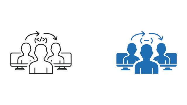 Software development team collaboration vector icon set featuring coding symbols and computer interface elements for programming and technical project management
