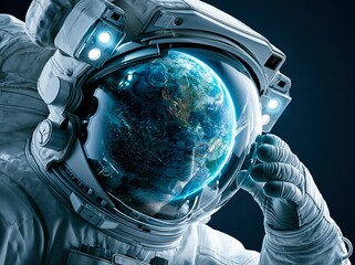 Obraz premium Astronaut looks out at Earth from inside helmet during space mission in low gravity environment