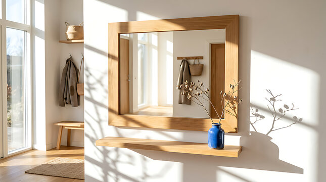Modern Oak Wood Mirror and Shelf Unit Featuring a Coat Rack and Bench in a Bright, Sunlit Entryway
