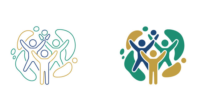 Team success and diverse group celebration icon set featuring abstract human figures for social unity and corporate culture development in a vibrant vector graphic style