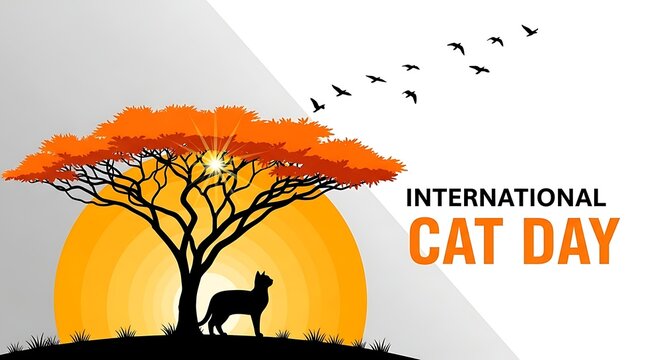 Silhouette of cat under autumn tree with flying birds celebrating International Cat Day